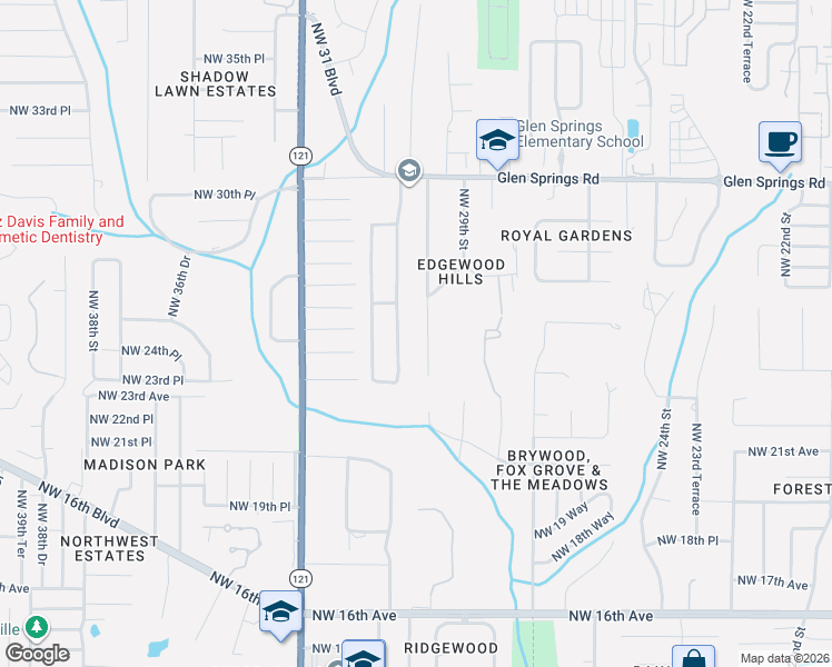 map of restaurants, bars, coffee shops, grocery stores, and more near 2510 Northwest 30th Terrace in Gainesville