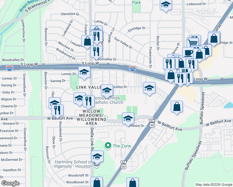map of restaurants, bars, coffee shops, grocery stores, and more near 9833 Meredith Elise Court in Houston