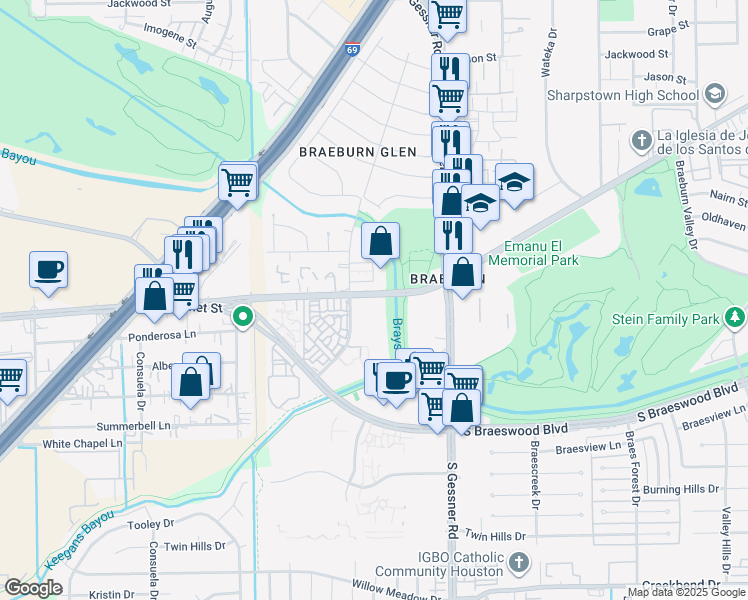 map of restaurants, bars, coffee shops, grocery stores, and more near 8809 Bissonnet Street in Houston