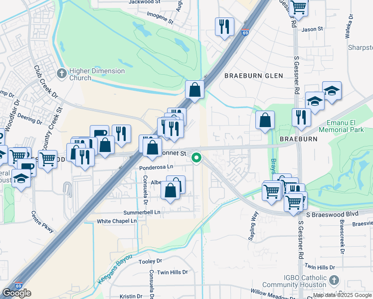 map of restaurants, bars, coffee shops, grocery stores, and more near Bissonnet St & S Braeswood Blvd in Houston