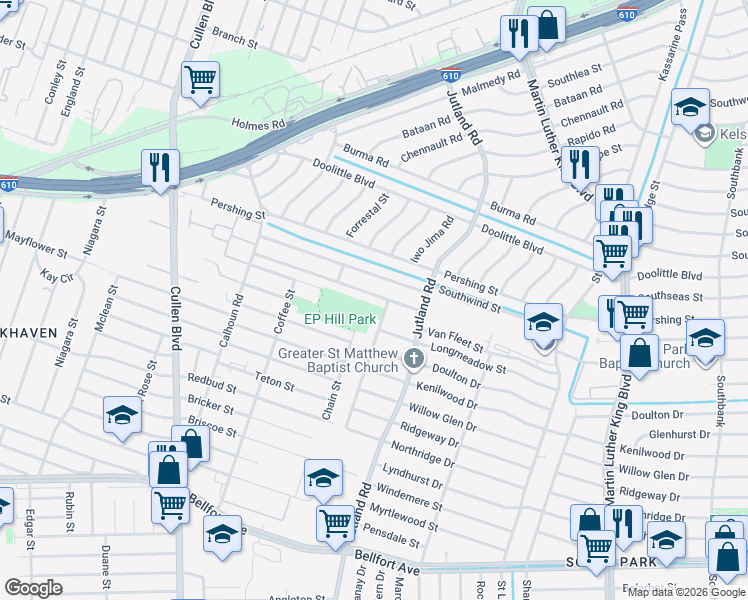 map of restaurants, bars, coffee shops, grocery stores, and more near 5036 Van Fleet Street in Houston