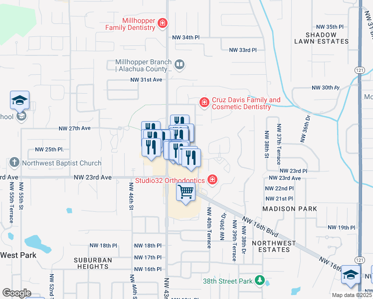 map of restaurants, bars, coffee shops, grocery stores, and more near 2627 Northwest 43rd Street in Gainesville