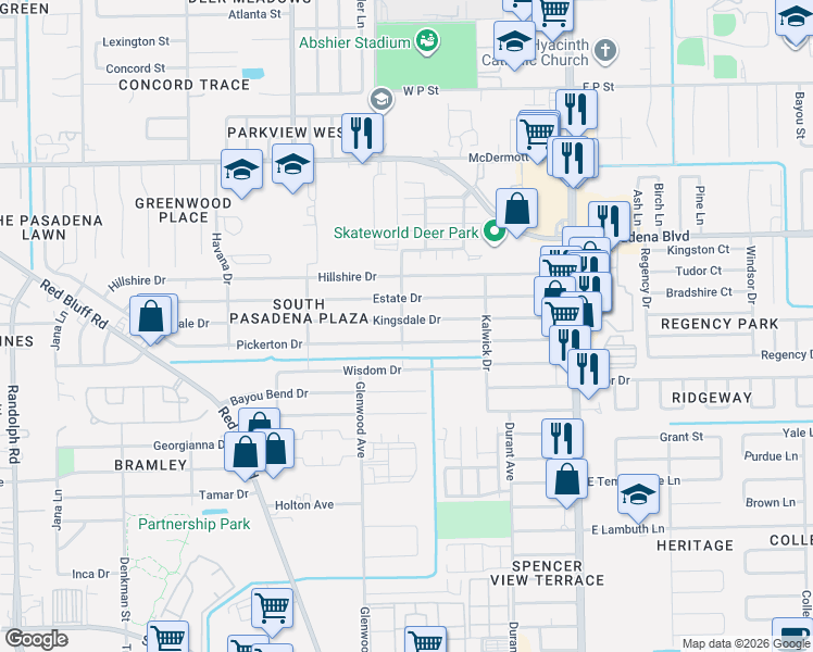 map of restaurants, bars, coffee shops, grocery stores, and more near 2501 Pickerton Drive in Deer Park