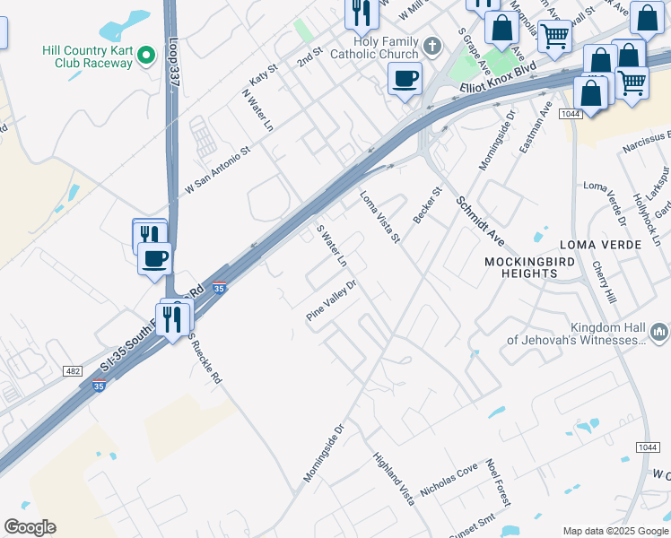 map of restaurants, bars, coffee shops, grocery stores, and more near 291 South Water Lane in New Braunfels