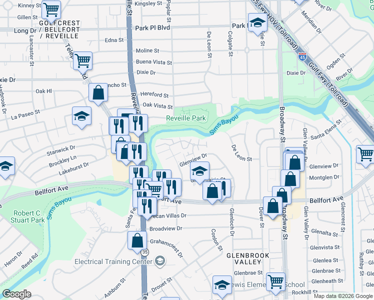 map of restaurants, bars, coffee shops, grocery stores, and more near 7901 Leonora Street in Houston
