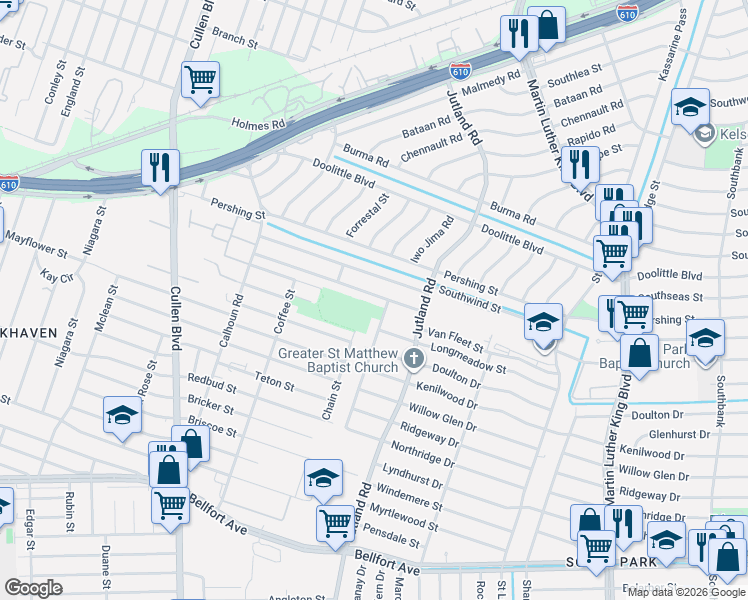 map of restaurants, bars, coffee shops, grocery stores, and more near 5036 Van Fleet Street in Houston