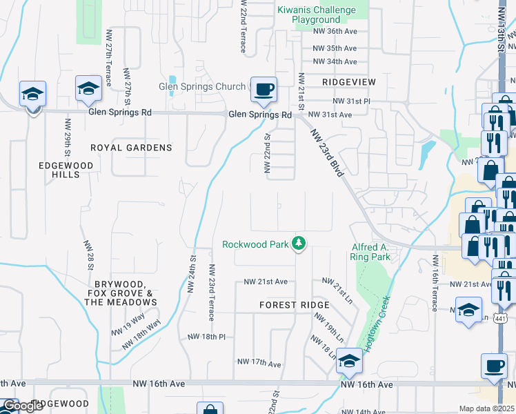 map of restaurants, bars, coffee shops, grocery stores, and more near 2615 Northwest 22nd Drive in Gainesville