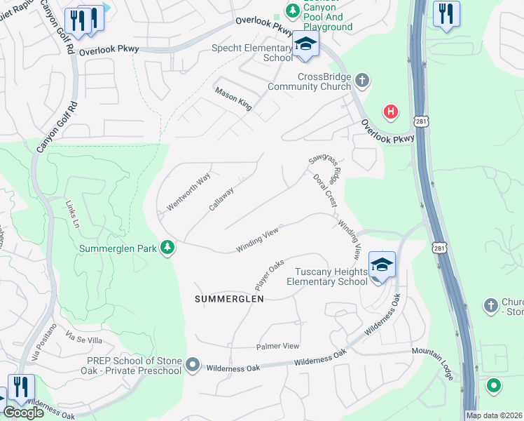 map of restaurants, bars, coffee shops, grocery stores, and more near 2227 Sawgrass Ridge in San Antonio