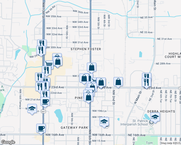 map of restaurants, bars, coffee shops, grocery stores, and more near Northwest 6th Street in Gainesville