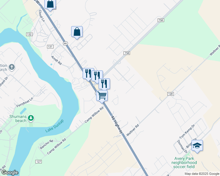 map of restaurants, bars, coffee shops, grocery stores, and more near in New Braunfels