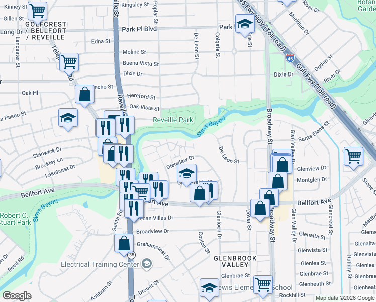 map of restaurants, bars, coffee shops, grocery stores, and more near 7627 Glenview Drive in Houston