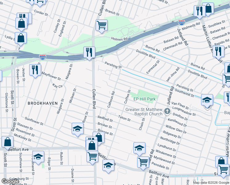 map of restaurants, bars, coffee shops, grocery stores, and more near 7470 Calhoun Road in Houston