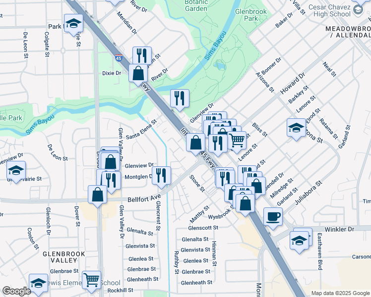 map of restaurants, bars, coffee shops, grocery stores, and more near 8328 Gulf Freeway in Houston