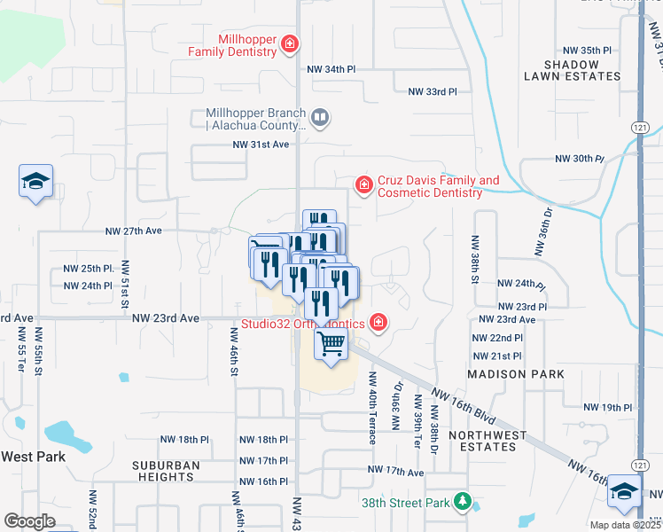 map of restaurants, bars, coffee shops, grocery stores, and more near 2627 Northwest 43rd Street in Gainesville