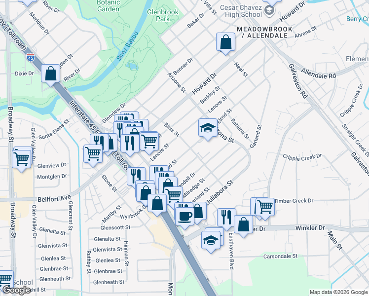 map of restaurants, bars, coffee shops, grocery stores, and more near 8065 Elrod Street in Houston