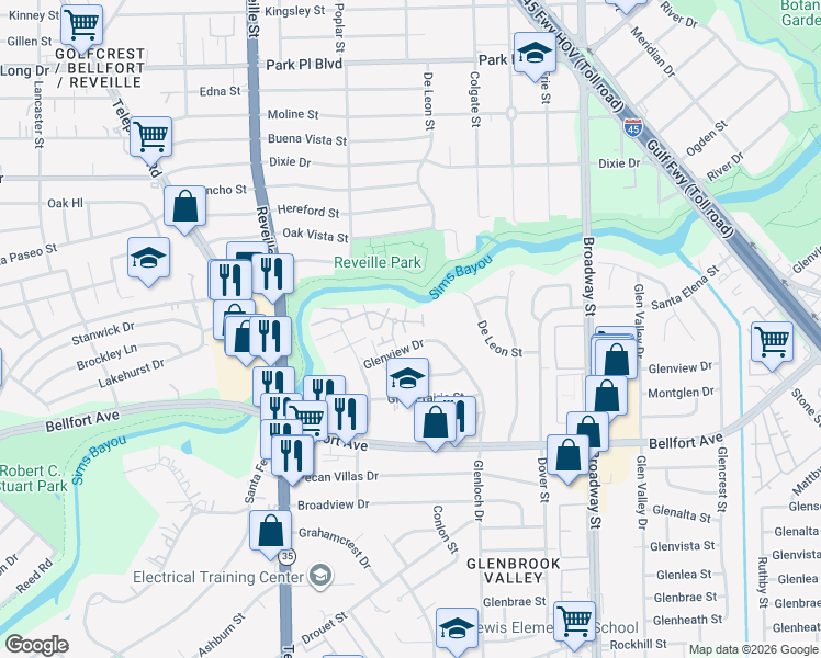 map of restaurants, bars, coffee shops, grocery stores, and more near 7627 Glenview Drive in Houston