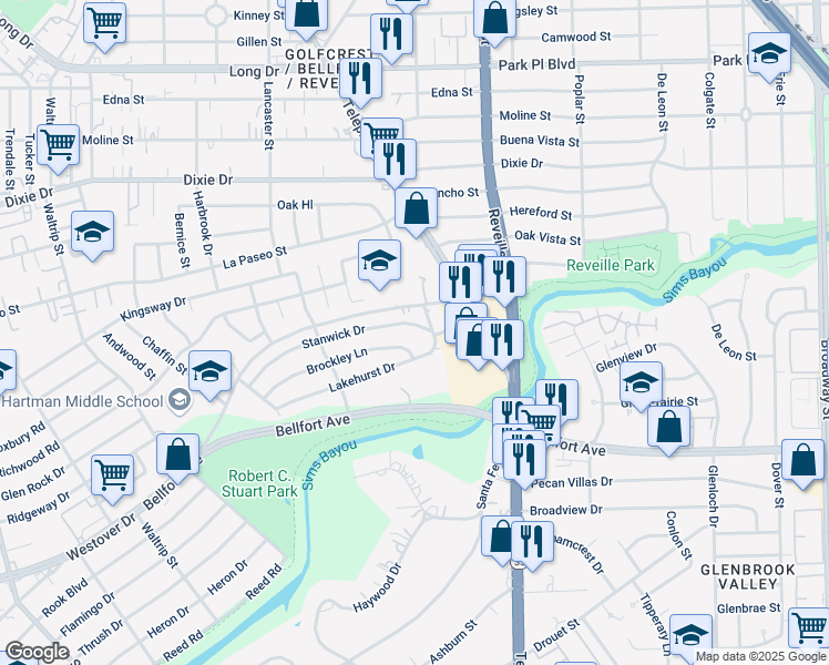 map of restaurants, bars, coffee shops, grocery stores, and more near 7463 Brockley Lane in Houston