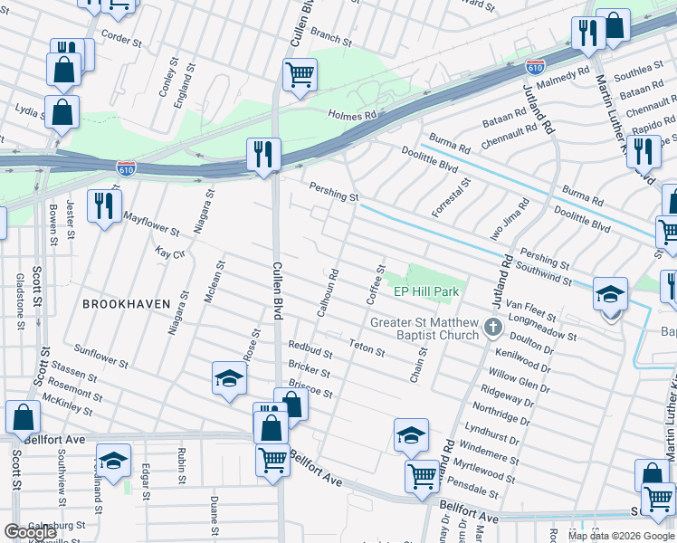 map of restaurants, bars, coffee shops, grocery stores, and more near 7470 Calhoun Road in Houston