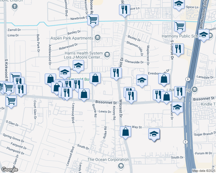map of restaurants, bars, coffee shops, grocery stores, and more near 9520 Wilcrest Drive in Houston