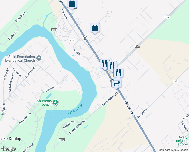 map of restaurants, bars, coffee shops, grocery stores, and more near 2649 FM 1044 in New Braunfels
