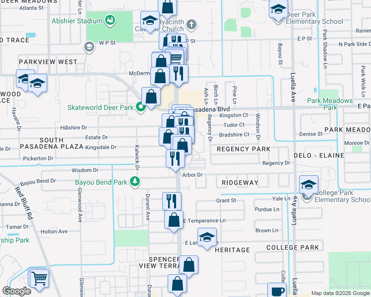 map of restaurants, bars, coffee shops, grocery stores, and more near 3811 Center Street in Deer Park