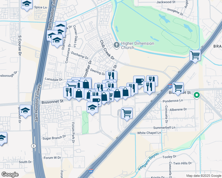 map of restaurants, bars, coffee shops, grocery stores, and more near 9780 Bissonnet Street in Houston