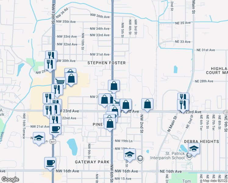 map of restaurants, bars, coffee shops, grocery stores, and more near 2511 Northwest 6th Street in Gainesville