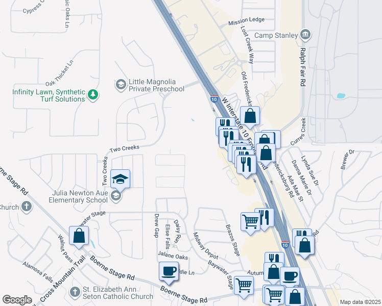 map of restaurants, bars, coffee shops, grocery stores, and more near 25214 Cooper Valley in San Antonio
