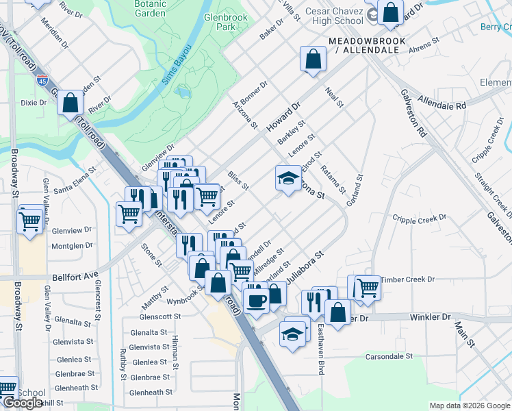 map of restaurants, bars, coffee shops, grocery stores, and more near 8065 Elrod Street in Houston