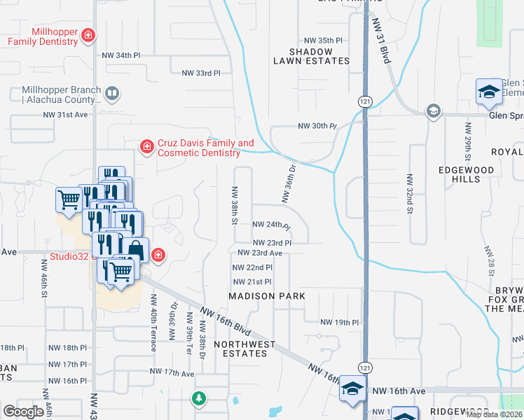 map of restaurants, bars, coffee shops, grocery stores, and more near 3706 Northwest 24th Place in Gainesville