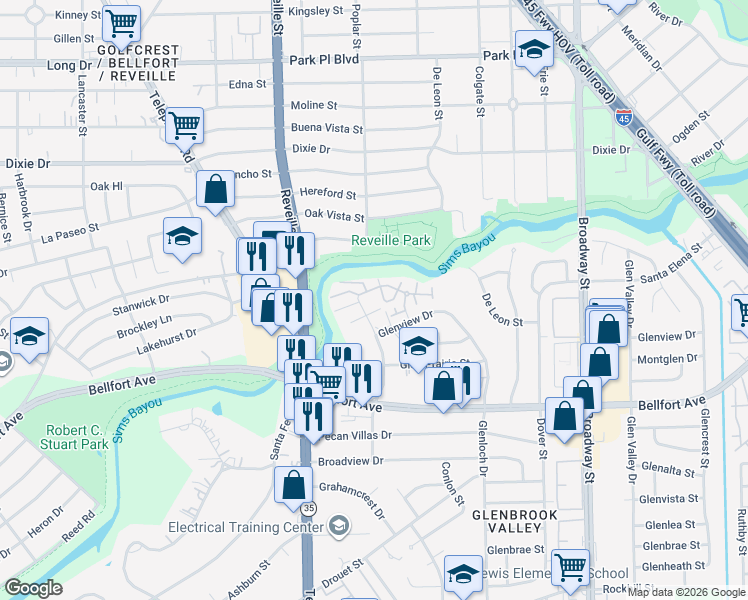 map of restaurants, bars, coffee shops, grocery stores, and more near 7901 Leonora Street in Houston