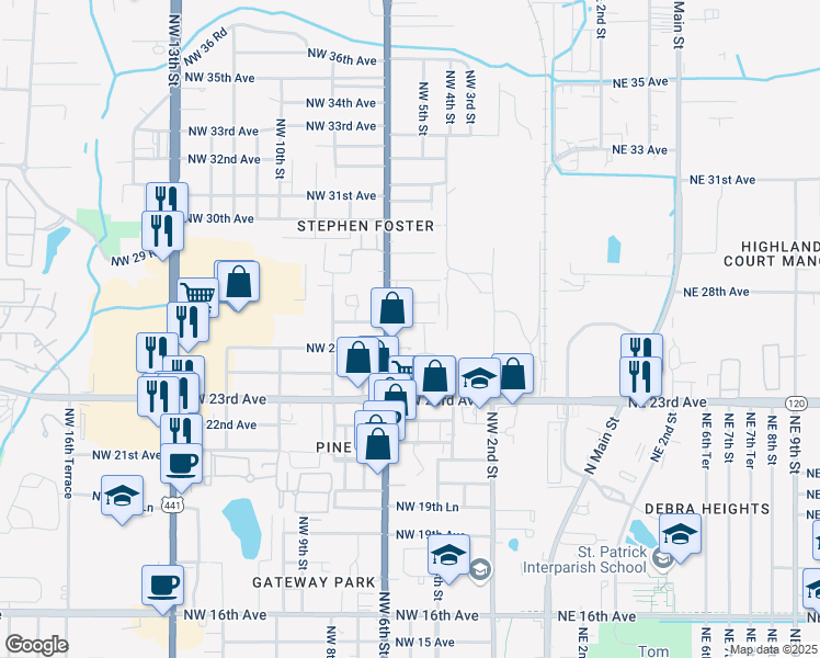 map of restaurants, bars, coffee shops, grocery stores, and more near 2511 Northwest 6th Street in Gainesville