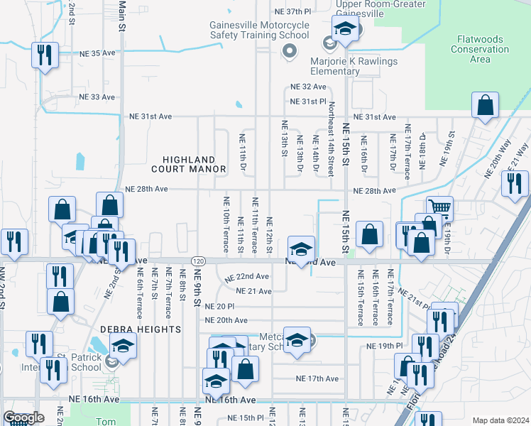 map of restaurants, bars, coffee shops, grocery stores, and more near 2610 Northeast 12th Street in Gainesville