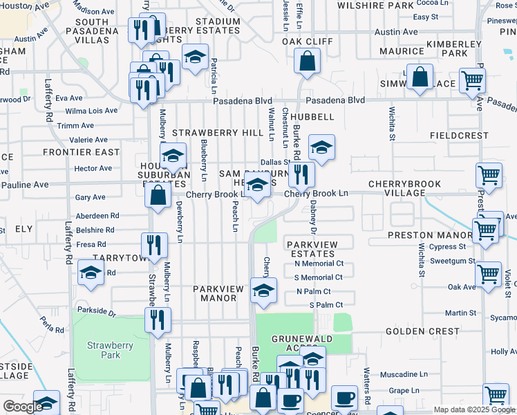 map of restaurants, bars, coffee shops, grocery stores, and more near 2424 Burke Road in Pasadena