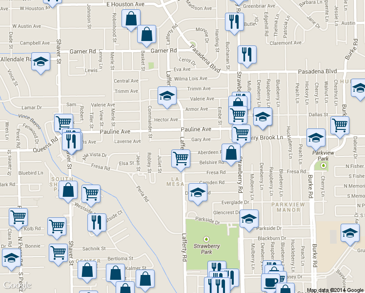 map of restaurants, bars, coffee shops, grocery stores, and more near Lafferty Road in Pasadena