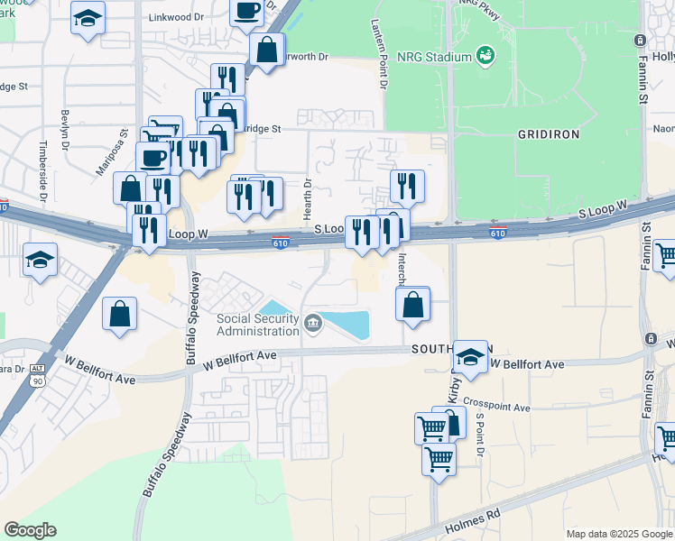 map of restaurants, bars, coffee shops, grocery stores, and more near 8811 Lakes at 610 Drive in Houston