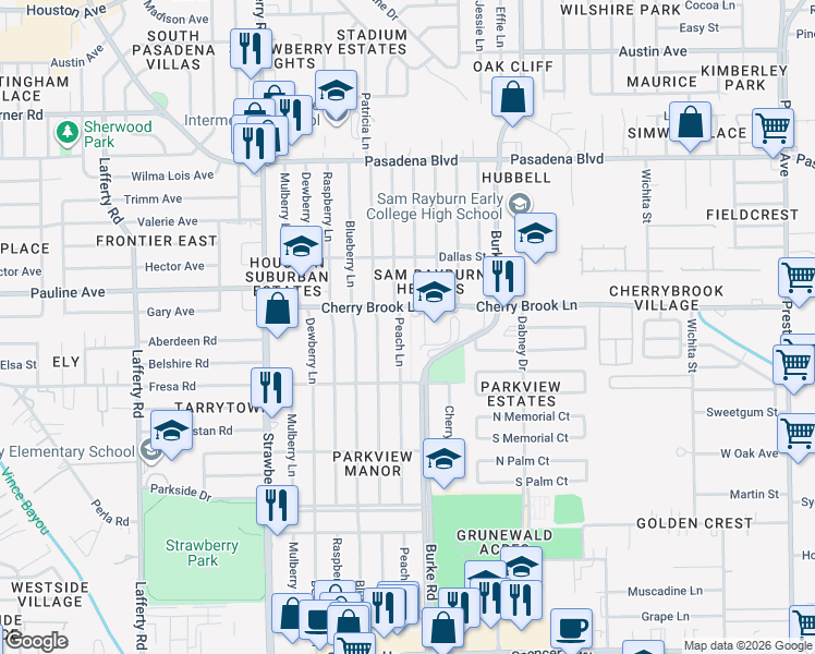 map of restaurants, bars, coffee shops, grocery stores, and more near 2407 Peach Lane in Pasadena