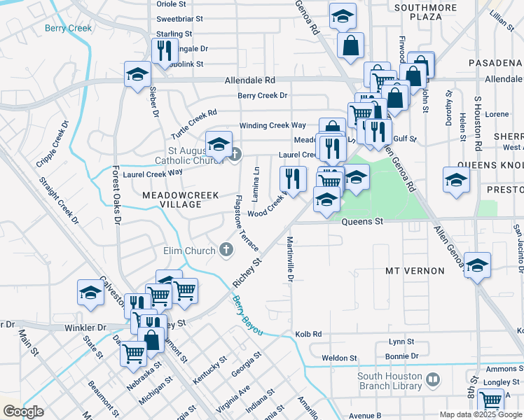 map of restaurants, bars, coffee shops, grocery stores, and more near 5618 Wood Creek Way in Houston