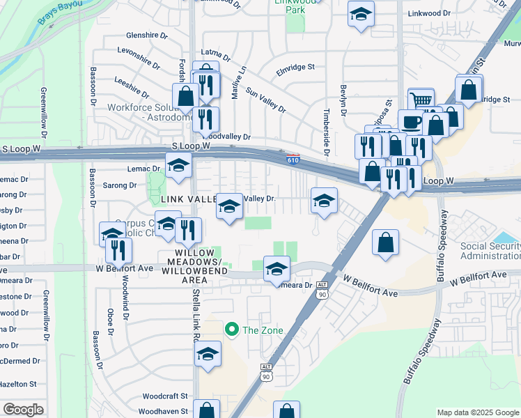 map of restaurants, bars, coffee shops, grocery stores, and more near 9833 Meredith Elise Court in Houston