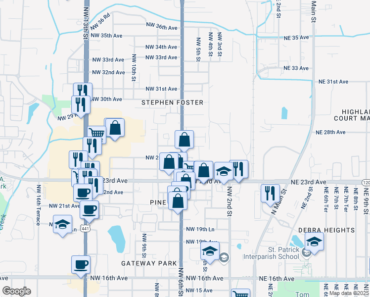 map of restaurants, bars, coffee shops, grocery stores, and more near 2511 Northwest 6th Street in Gainesville