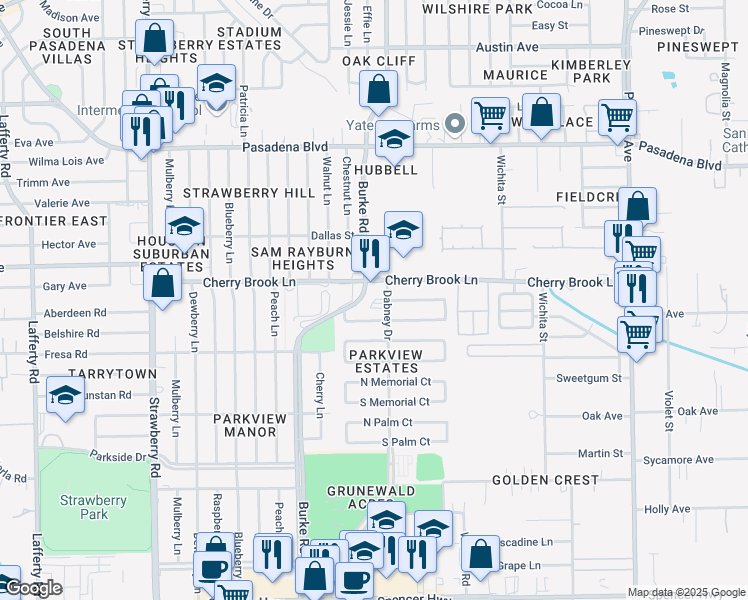 map of restaurants, bars, coffee shops, grocery stores, and more near 2323 Burke Road in Pasadena