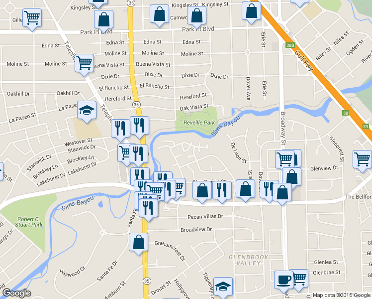 map of restaurants, bars, coffee shops, grocery stores, and more near 7901 Leonora Street in Houston