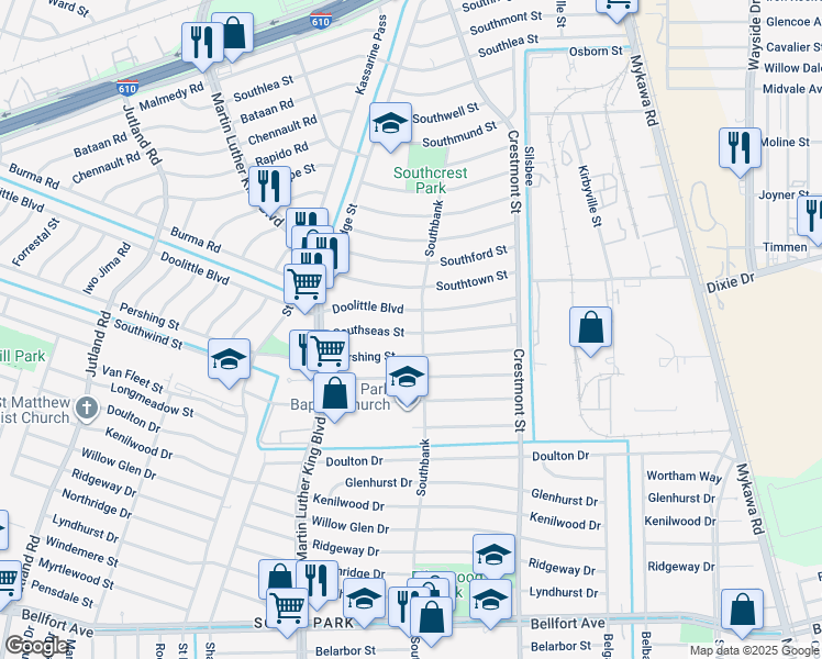 map of restaurants, bars, coffee shops, grocery stores, and more near 5838 Southseas Street in Houston