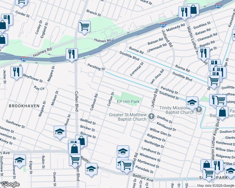 map of restaurants, bars, coffee shops, grocery stores, and more near 7401 Coffee Street in Houston