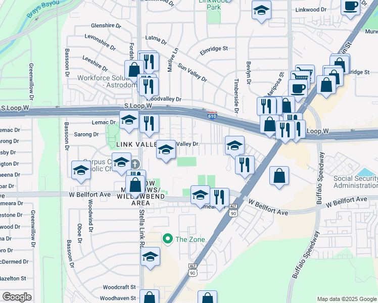 map of restaurants, bars, coffee shops, grocery stores, and more near 9833 Meredith Elise Court in Houston
