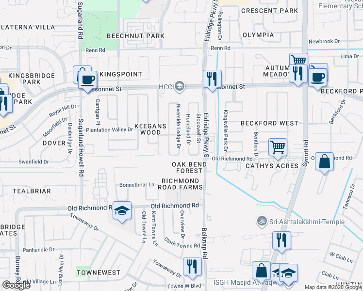 map of restaurants, bars, coffee shops, grocery stores, and more near 9614 Homeland Drive in Houston