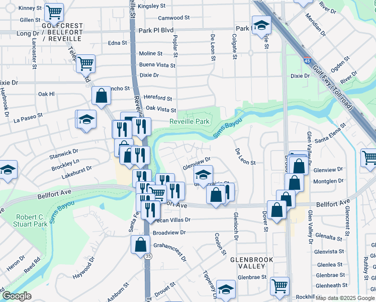 map of restaurants, bars, coffee shops, grocery stores, and more near 7901 Leonora Street in Houston
