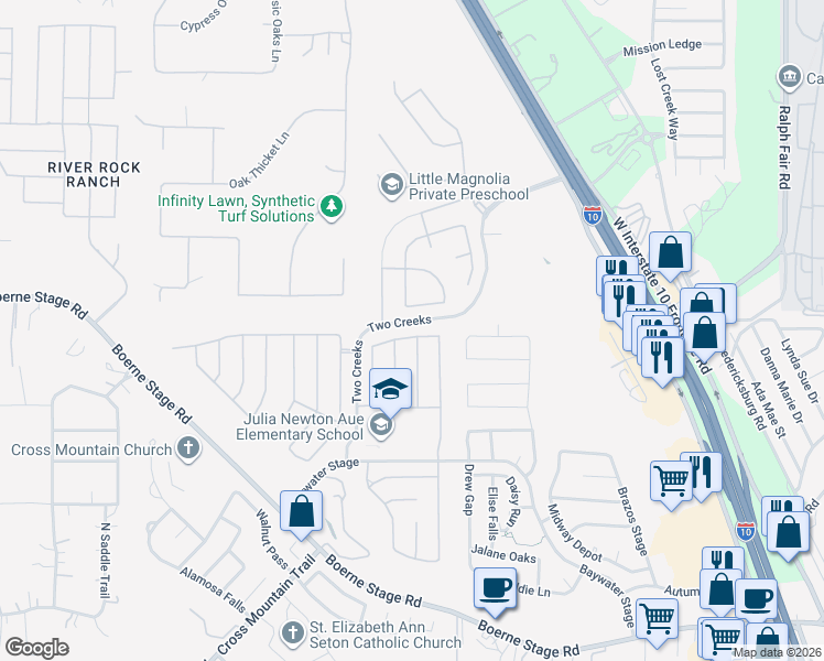 map of restaurants, bars, coffee shops, grocery stores, and more near 25063 El Well Point in San Antonio