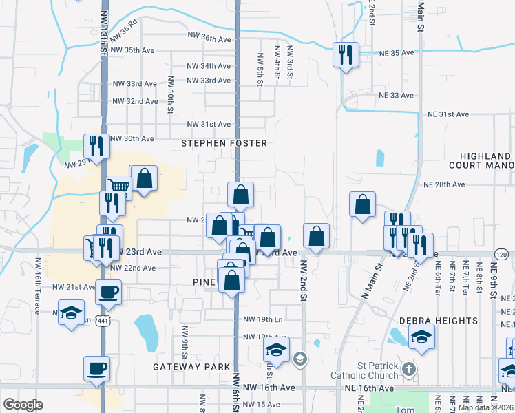 map of restaurants, bars, coffee shops, grocery stores, and more near 2503 Northwest 4th Terrace in Gainesville