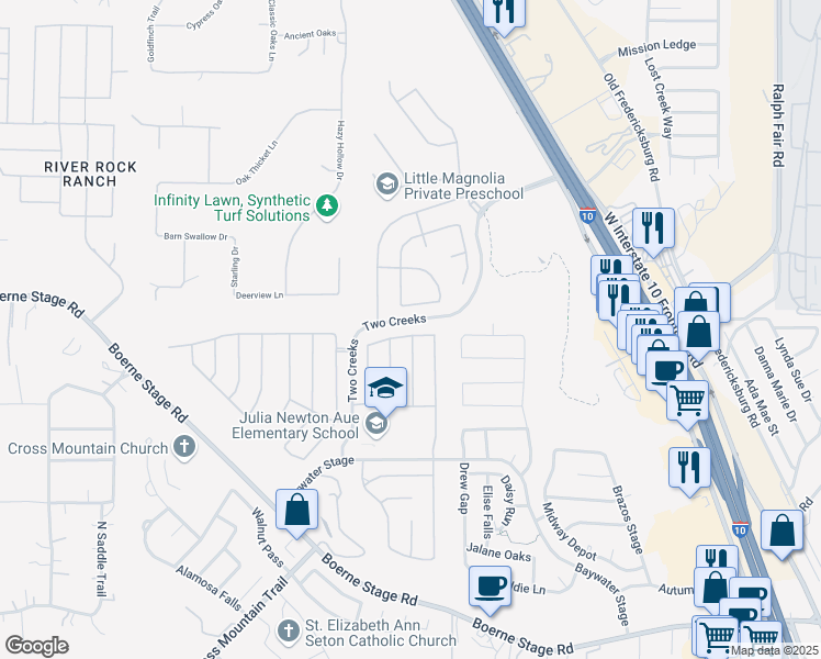 map of restaurants, bars, coffee shops, grocery stores, and more near 25147 Buttermilk Lane in San Antonio